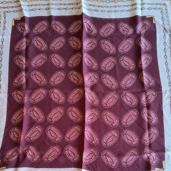 Authentic Must De Cartier (Carré De Soie)Burgundy and Gold Patterned Silk Scarf. - Picture 4 of 6